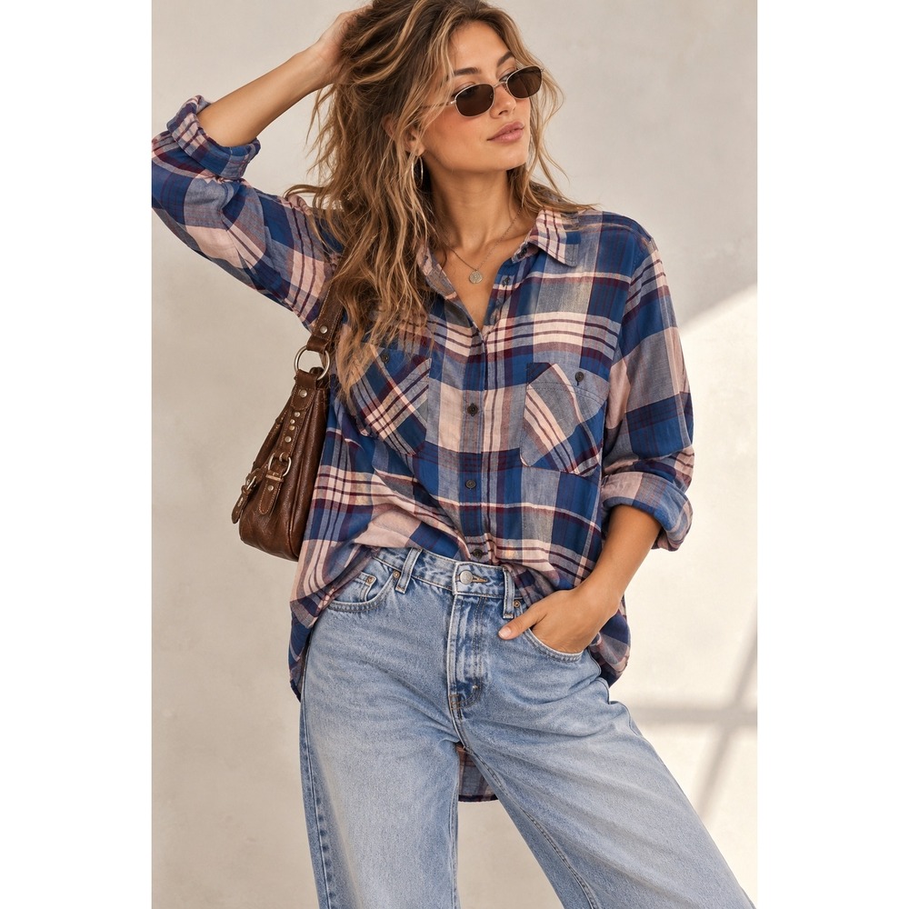 Mudd XL Plaid Button Up Shirt Blue Pink Burgundy Y2K Grunge 90s Cotton Cottagcoe